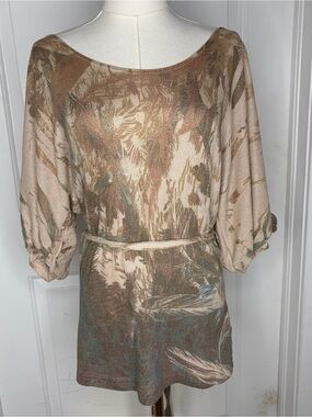Vintage Y2K Earth Tones Shirt Waist Tie Blouse Nature Abstract Print